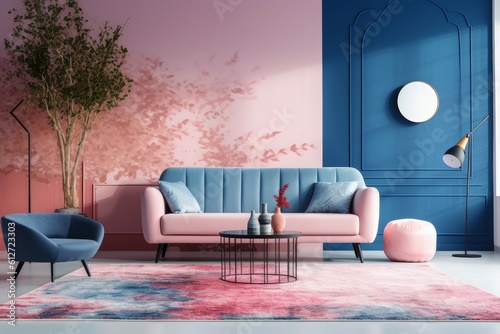 Carpet pink blue sofa. Generate Ai