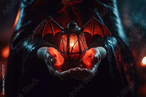 Halloween witch holding decorative lantern with metallic flying bat wings. Good for Haloween celebration. Generative AI © dariaren