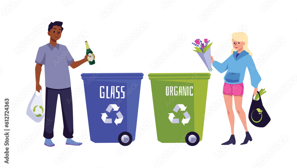 Woman and black man throwing and sorting garbage, Vector illustration isolated on white background of Waste bins for organics and glass Woman and black man throwing and sorting garbage, Vector illustration isolated on white background of Waste bins for organics and glass