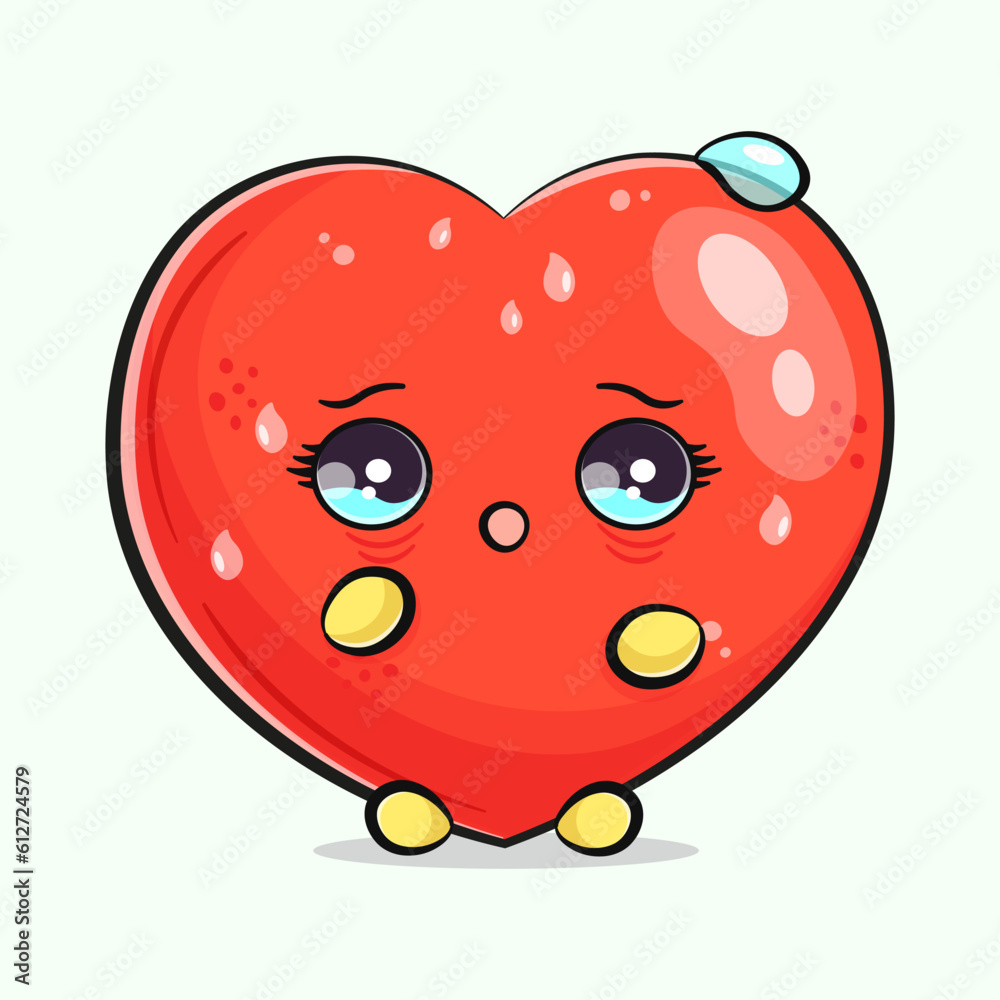 Scared Heart shape character. Vector hand drawn traditional cartoon vintage, retro, kawaii character illustration icon. Isolated white background. Cry Heart shape character concept Scared Heart shape character. Vector hand drawn traditional cartoon vintage, retro, kawaii character illustration icon. Isolated white background. Cry Heart shape character concept