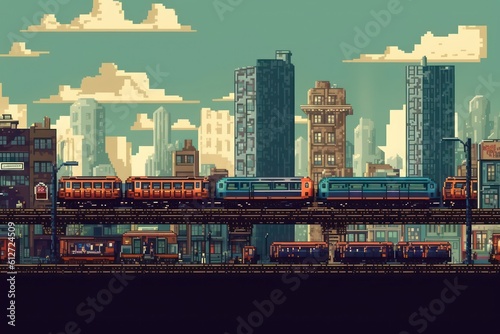 Train city and skyscrapers in pixel art style for game background. Storytelling ads. Generative AI.