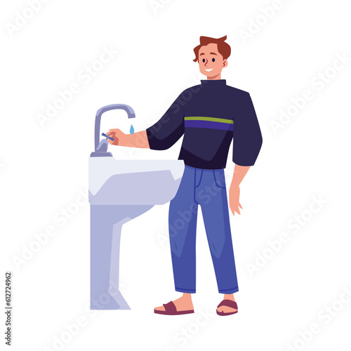 Man turns of water tap to save water, flat vector illustration isolated on white background.