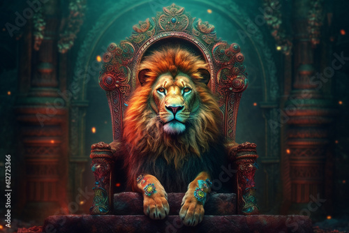 the lion sits on a majestic throne