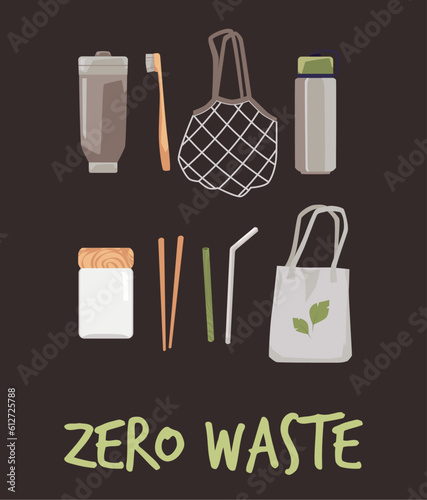 Hand drawn elements of zero waste life in vector. Reusable bottles, glass jar, toothbrush, straw, sticks, mesh and paper bag