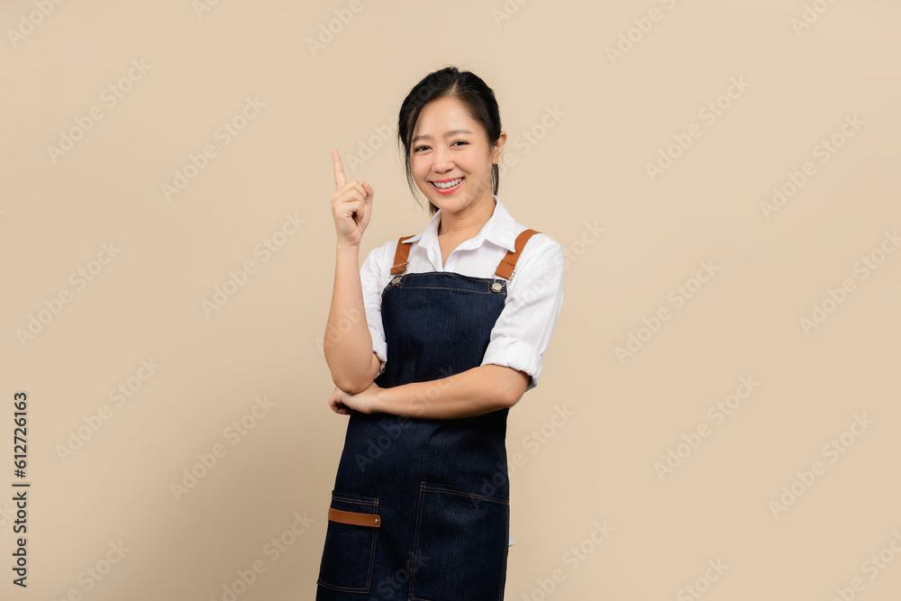 Happy young asian businesswoman wearing white shirt and apron with copy space on light brown background. Happy young asian businesswoman wearing white shirt and apron with copy space on light brown background.