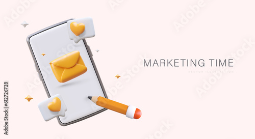 Marketing time. 3D smartphone with pencil and various icons of social networks. Notifications, likes, reposts, comments, letters. Page promotion, brand advertising. Poster in plasticine style