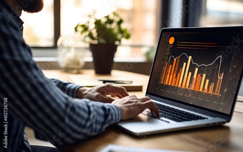 A man is working on a laptop at a table with data graphs