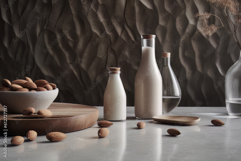almonds and a bottle of milk on table top, in the style of made of all of the above almonds and a bottle of milk on table top, in the style of made of all of the above