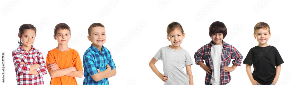 Collage with photos of different cheerful children on white background Collage with photos of different cheerful children on white background