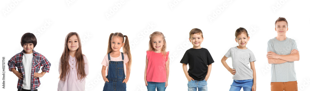 Cheerful children of different ages on white background. Collage design Cheerful children of different ages on white background. Collage design