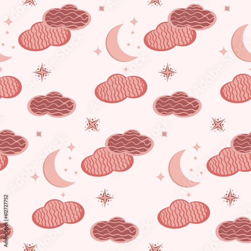 Cute seamless pattern background with outlined stars and crescent moon. Children s bedroom, baby nursery decorative wallpaper. Night sky with gingerbread stars. Vector Illustration.