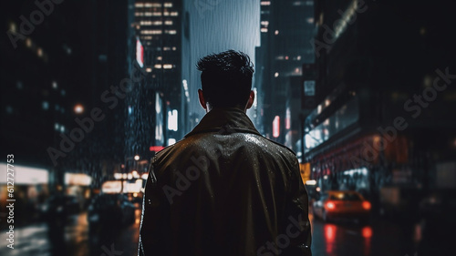 Generative AI back view of a young man against a urban city scene at night 