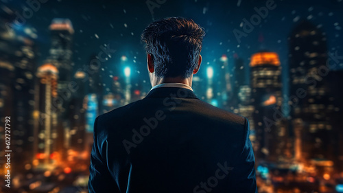 Generative AI back view of a young man against a urban city scene at night 