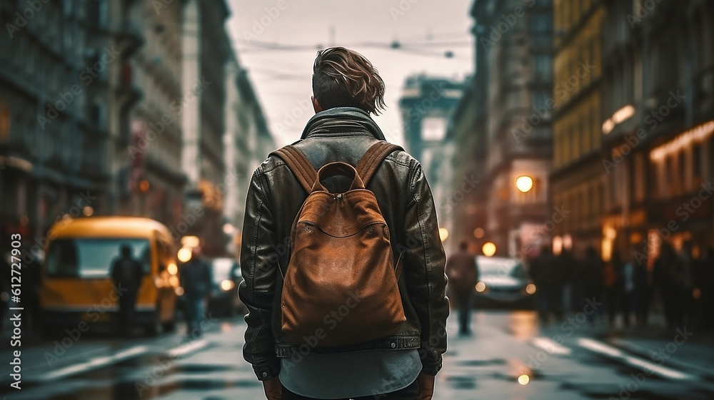 Generative AI back view of a young man against a urban city scene at night 