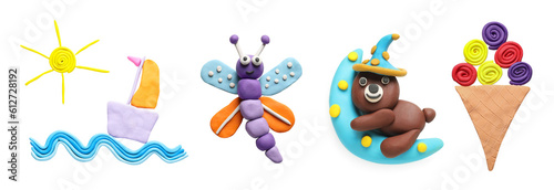 Set with different colorful child's crafts of plasticine on white background, top view photo