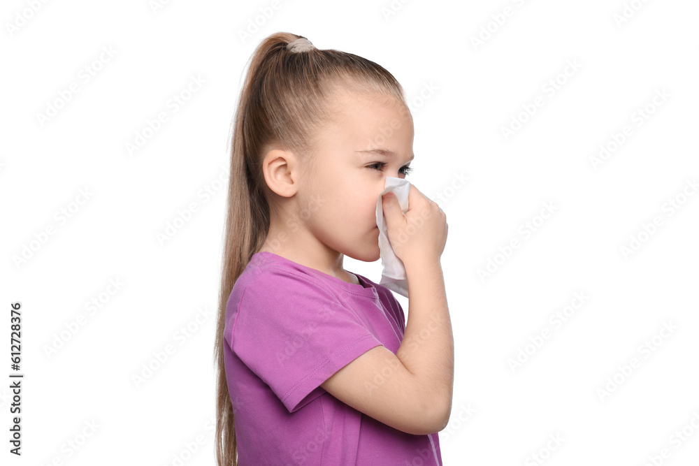 Sick girl blowing nose in tissue on white background. Cold symptoms Sick girl blowing nose in tissue on white background. Cold symptoms