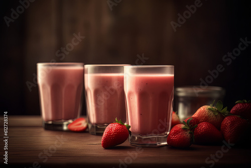 strawberries near two glasses of strawberrybanana smoothie photo