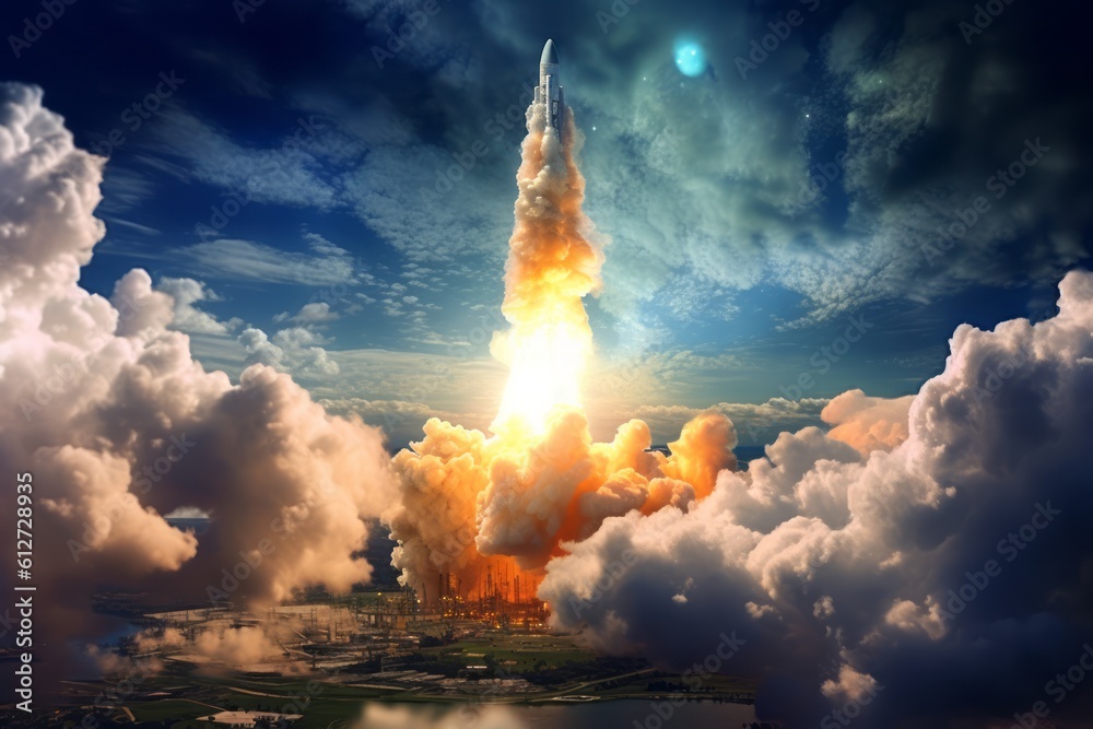 A dynamic image capturing the powerful liftoff of a satellite rocket into space, with billowing smoke and fiery engines. Generative AI