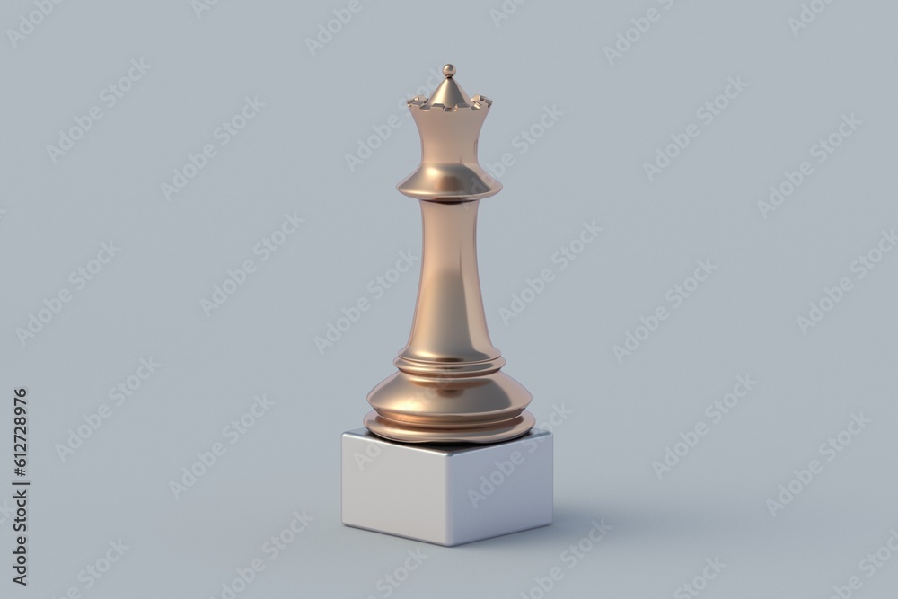 Promotion at work. Golden chess figure on podium. Career growth concept. Goal achievement. New position. Leadership skill. Director of company. Market leader. Talented employee. 3d render Promotion at work. Golden chess figure on podium. Career growth concept. Goal achievement. New position. Leadership skill. Director of company. Market leader. Talented employee. 3d render