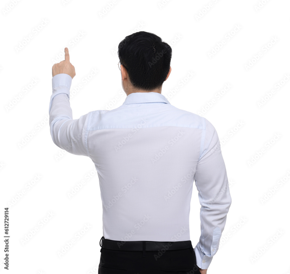Businessman in formal clothes posing on white background, back view Businessman in formal clothes posing on white background, back view