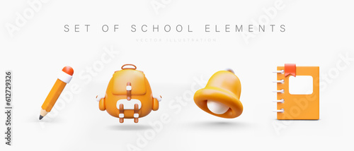 Set of school elements on white background. 3D icons with shadows. Pupil and student accessories. Yellow pencil, backpack, bell, notebook with bookmark. Cute cartoon style