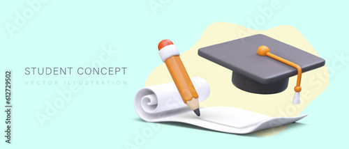Education of students. Vector concept with paper roll, pencil, graduate cap. Effective certified training. Graduation of specialists. Advertising poster for colleges, universities, academies