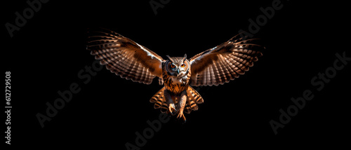Owl in flight isolated on black background with copy space.