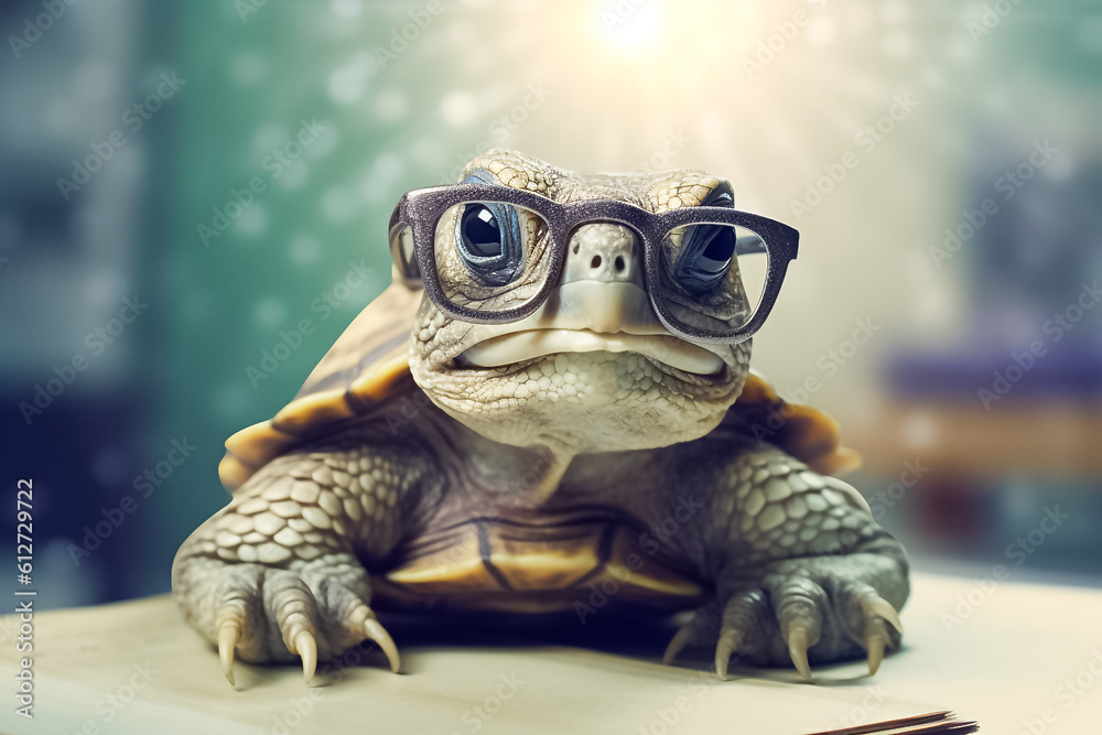 a turtle donning stylish eyeglasses, set against a backdrop of blurred glittering bokeh, creating a vivid and enchanting picture. Generative AI. a turtle donning stylish eyeglasses, set against a backdrop of blurred glittering bokeh, creating a vivid and enchanting picture. Generative AI.
