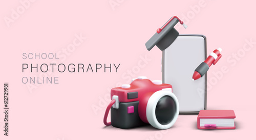 Photography courses from best teachers. Master classes in remote location. Secrets of photo and video shooting. Cute advertisement in pink tones. Isometric figures, student accessories