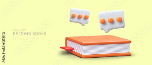 Realistic hardcover book, communication icons. Process of learning and development. Intelligence, reading books. Communication with information field. Using experience of others