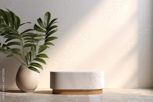 Blank minimal white counter podium  soft beautiful dappled sunlight  tropical palm foliage leaf shadow on wall for luxury hygiene organic cosmetic  skincare  beauty treatment product background 3D 