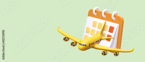 Planning date of departure. Choosing best tour. Booking air tickets for certain day. 3D calendar and airplane in plasticine style. Poster with place for text