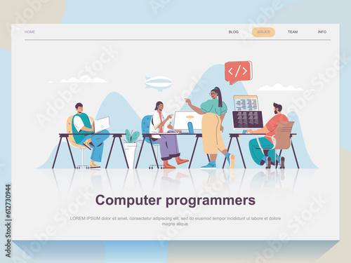 Computer programmers web concept for landing page in flat design. Man and woman working in office with project manager, coding and testing. Vector illustration with people scene for website homepage