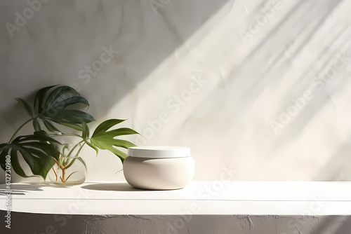 Blank cream white cement curve counter podium with texture  soft beautiful dappled sunlight  leaf shadow on white wall for luxury organic cosmetic  skincare  beauty treatment product background