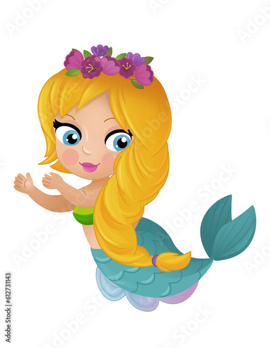 cartoon scene with happy young mermaid swimming isolated illustration for kids