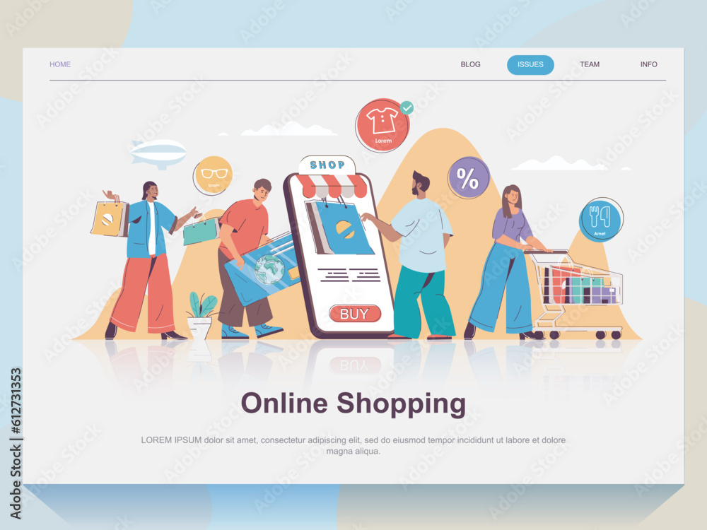 Online shopping web concept for landing page in flat design. Man and woman making purchases, ordering delivery and paying with credit cards. Vector illustration with people scene for website homepage Online shopping web concept for landing page in flat design. Man and woman making purchases, ordering delivery and paying with credit cards. Vector illustration with people scene for website homepage