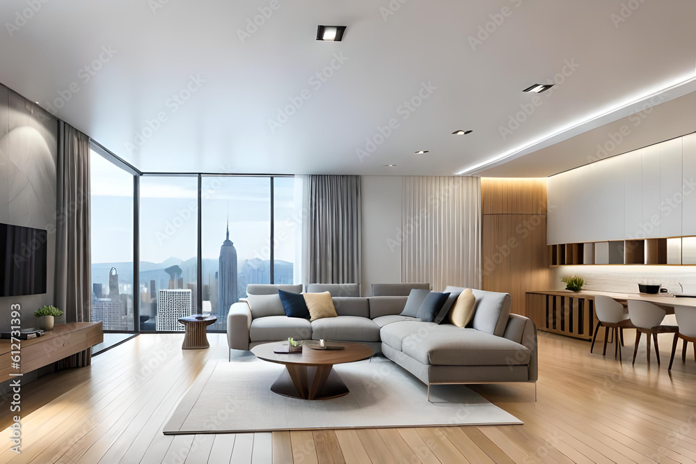 Fototapeta premium Interior of Living Room Modern style with Grey fabric sofa, Wooden side table, and white ceiling lamp on Wooden floor, Generative AI 