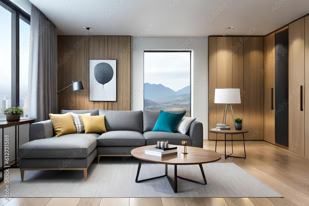 Interior of Living Room Modern style with Grey fabric sofa, Wooden side table, and white ceiling lamp on Wooden floor, Generative AI Interior of Living Room Modern style with Grey fabric sofa, Wooden side table, and white ceiling lamp on Wooden floor, Generative AI