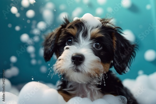 Puppy dog foam shampoo bath. Generate Ai