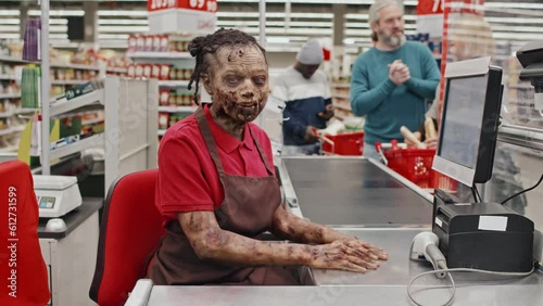 Conceptual portrait of young female African American zombie cashier in uniform sitting at cash desk in supermarket looking at camera, neural network generated deepfake photo