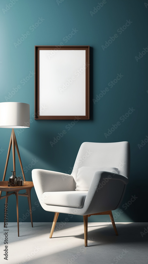 Blank picture frame mockup on blue wall. Modern living room design. For Instagram Story. generative AI Blank picture frame mockup on blue wall. Modern living room design. For Instagram Story. generative AI