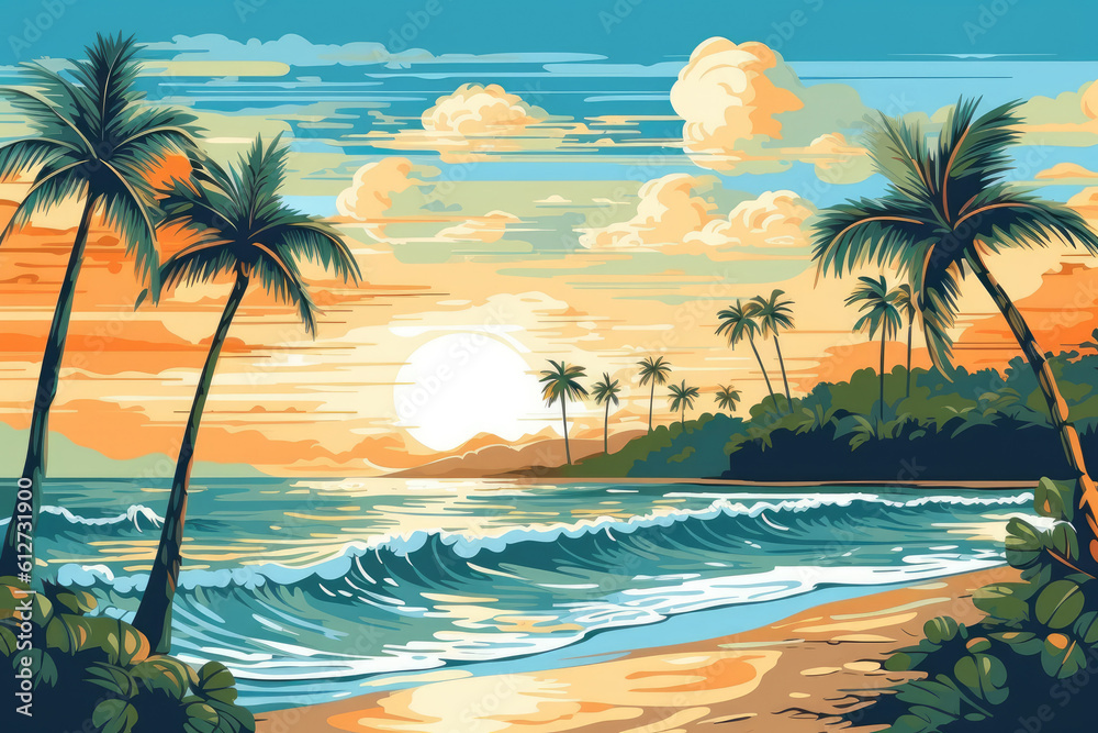 Obraz premium tropical palm beach ocean at sunset summer holiday illustration Generative AI