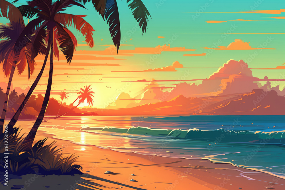 tropical palm beach ocean at sunset summer holiday illustration Generative AI