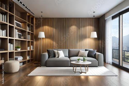 Interior of Living Room Modern style with Grey fabric sofa, Wooden side table, and white ceiling lamp on Wooden floor, Generative AI  © RBGallery