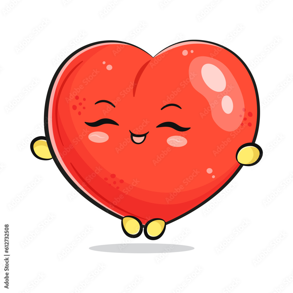 Fototapeta premium Cute funny Heart shape doing yoga character. Vector hand drawn traditional cartoon vintage, retro, kawaii character illustration icon. Isolated on white background. Heart shape relax character