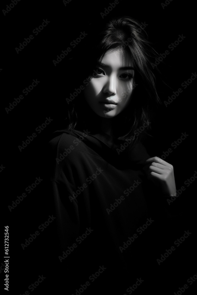 Portrait asian woman with many shadows against dark background and dark clothes - Generative AI