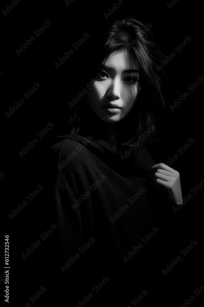 Portrait asian woman with many shadows against dark background and dark clothes - Generative AI Portrait asian woman with many shadows against dark background and dark clothes - Generative AI