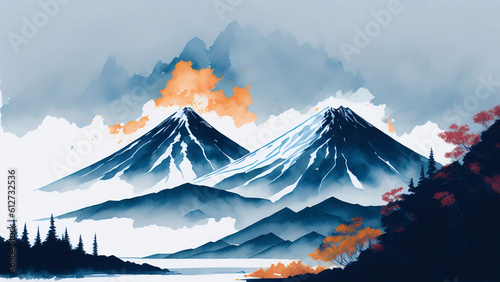 Watercolor contemporary landscape of Mount Fuji, Japan, travel and tourism concept.