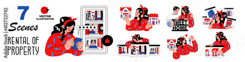 A set of seven scenes on the theme of rental housing. The girl is looking for or renting an apartment through the Internet service. Investment in real estate. Vector illustration isolated.