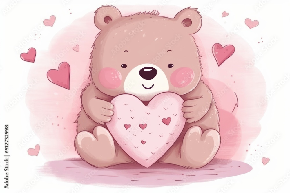 Cute little teddy bear sitting with pink heart. Generative AI Cute little teddy bear sitting with pink heart. Generative AI